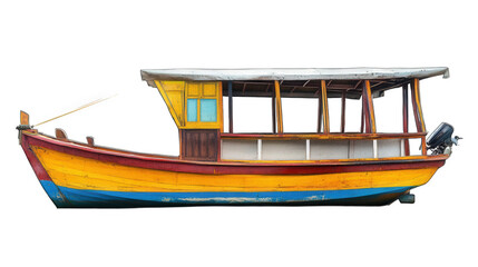 colorful wooden boat with a vibrant yellow and red hull. designed for leisure or transport on water it has a covered top and open sides. highlighting its utility for fishing or tourism in coastal area