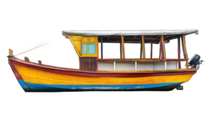colorful wooden boat with a vibrant yellow and red hull. designed for leisure or transport on water it has a covered top and open sides. highlighting its utility for fishing or tourism in coastal area