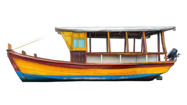 colorful wooden boat with a vibrant yellow and red hull. designed for leisure or transport on water it has a covered top and open sides. highlighting its utility for fishing or tourism in coastal area