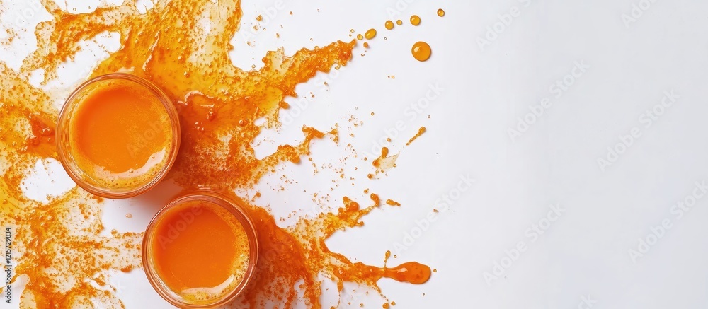Poster fresh carrot juice with pulp in two glass jars surrounded by vibrant orange splashes on clean white 