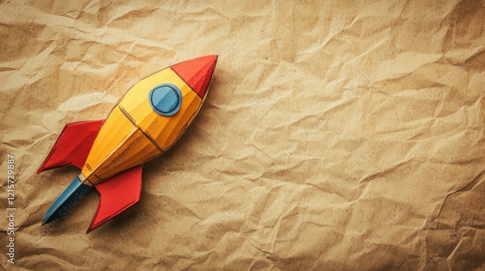 Poster vibrant yellow and red rocket illustration on textured corrugated paper background with ample empty 