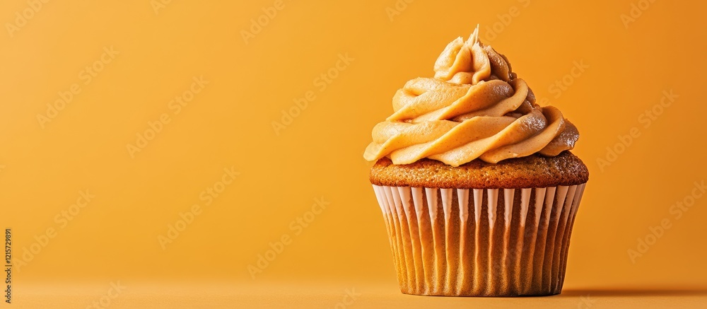 Poster carrot cupcake topped with creamy caramel frosting displayed on a vibrant orange background with amp