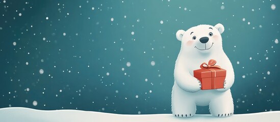 Fototapeta premium Festive cartoon polar bear holding a red gift box against a snowy background with teal and white hues, ideal for holiday greetings or promotions.