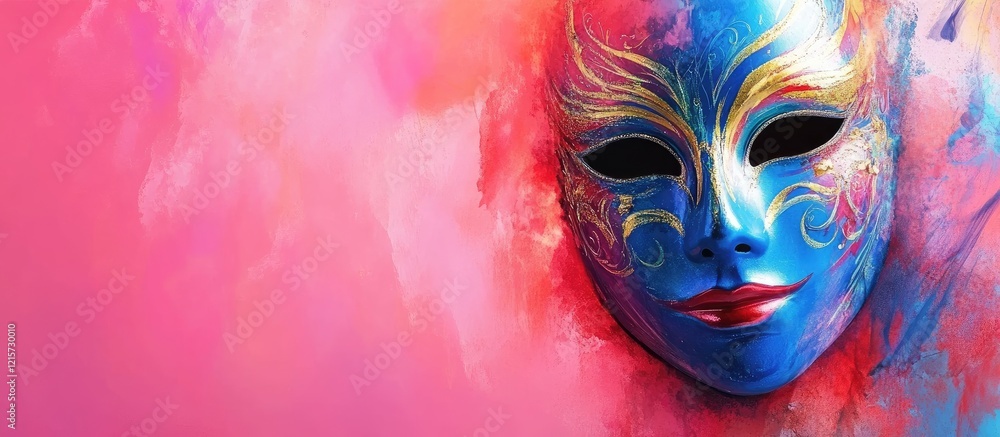 Aufkleber vibrant blue venetian carnival mask with colorful background and empty copy space for text in shade 