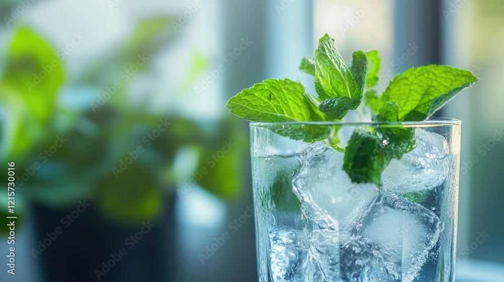 Poster refreshing cocktail with ice cubes and mint leaves on a blurred background offering empty space for 