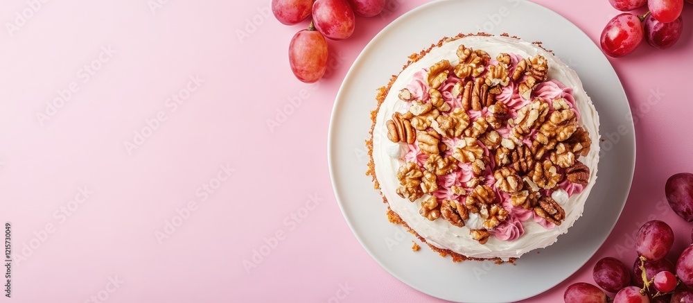 Poster pastel pink background featuring delicate carrot cake topped with walnuts and grapes in soft lightin
