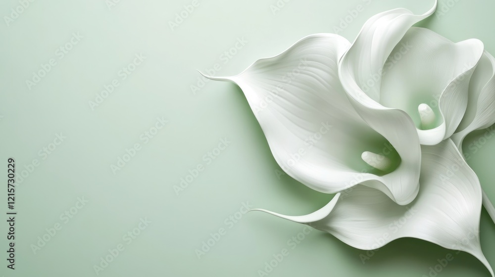 Poster elegant white calla lily close up on soft green background with delicate petals and ample copy space