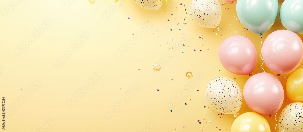 Poster colorful helium balloons and confetti border on a yellow background with ample empty space for custo