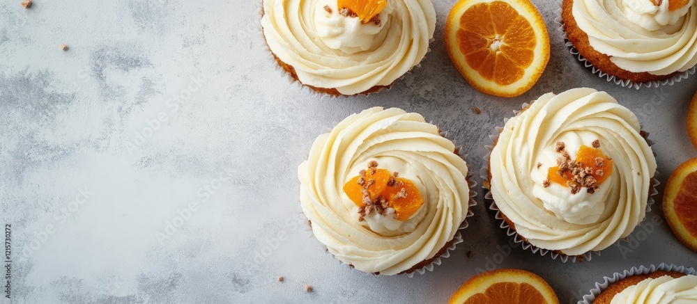 Poster carrot cupcakes with creamy frosting and orange fruit slices on a textured gray background with empt