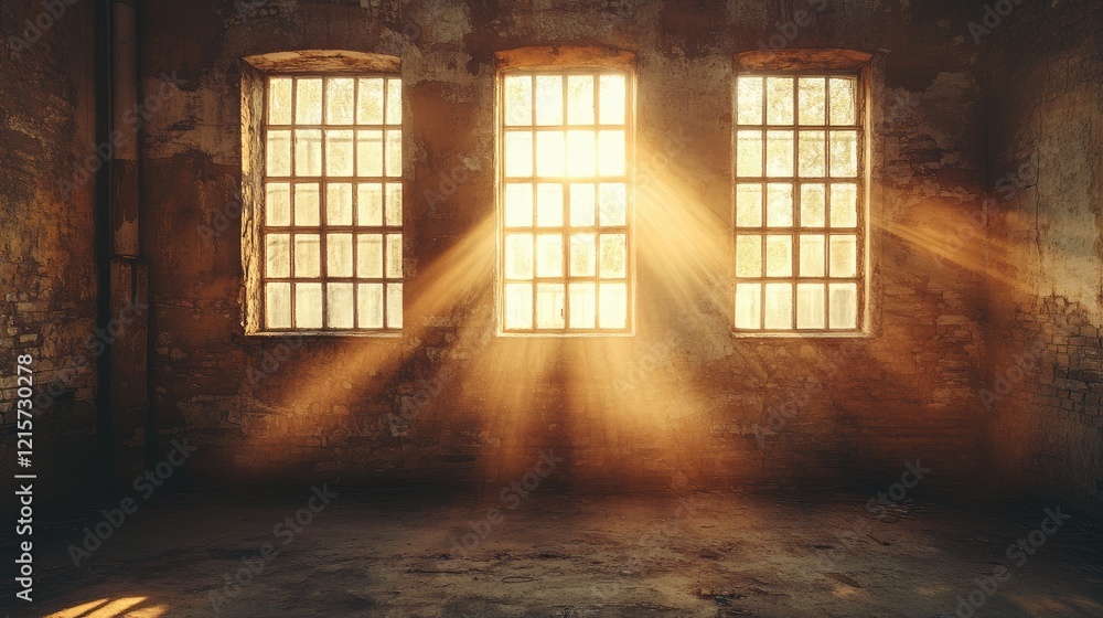 Poster sunlight streaming through vintage windows in an abandoned building creating a warm and nostalgic at