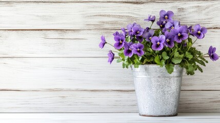 Rustic White Wooden Background Featuring Silver Metal Vase Filled with Vibrant Purple Violets and Green Foliage in a Bright Interior Setting