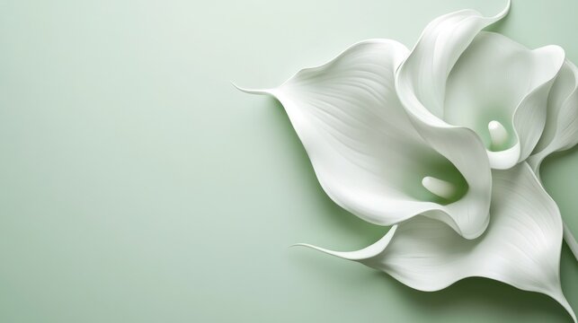 Elegant white calla lily close up on soft green background with delicate petals and ample copy space for text or branding purposes.