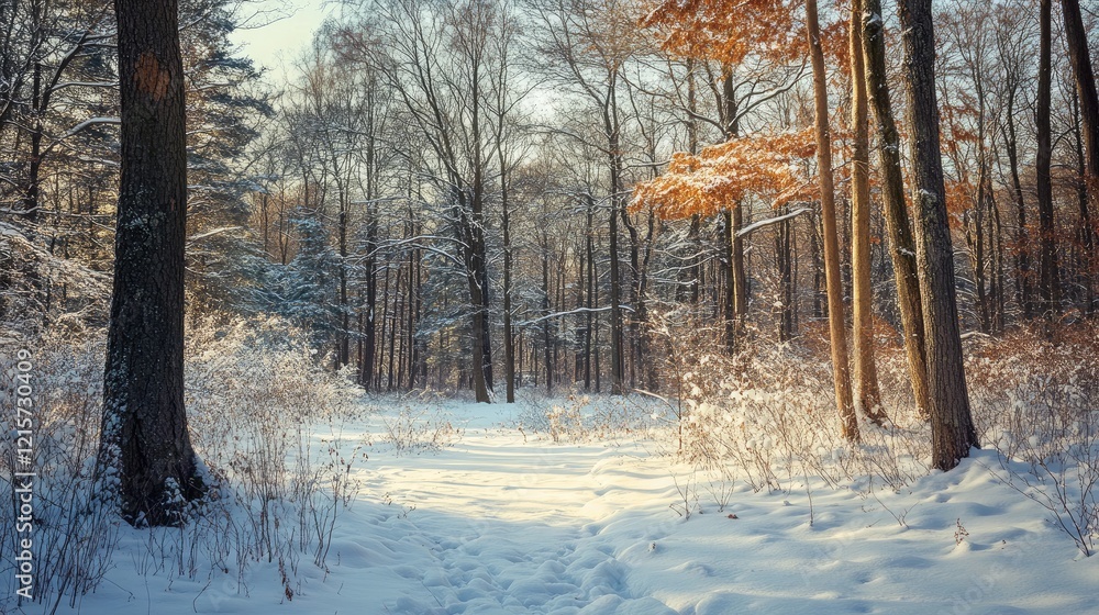 Poster serene winter landscape featuring a snow-covered forest pathway surrounded by tall trees and soft su