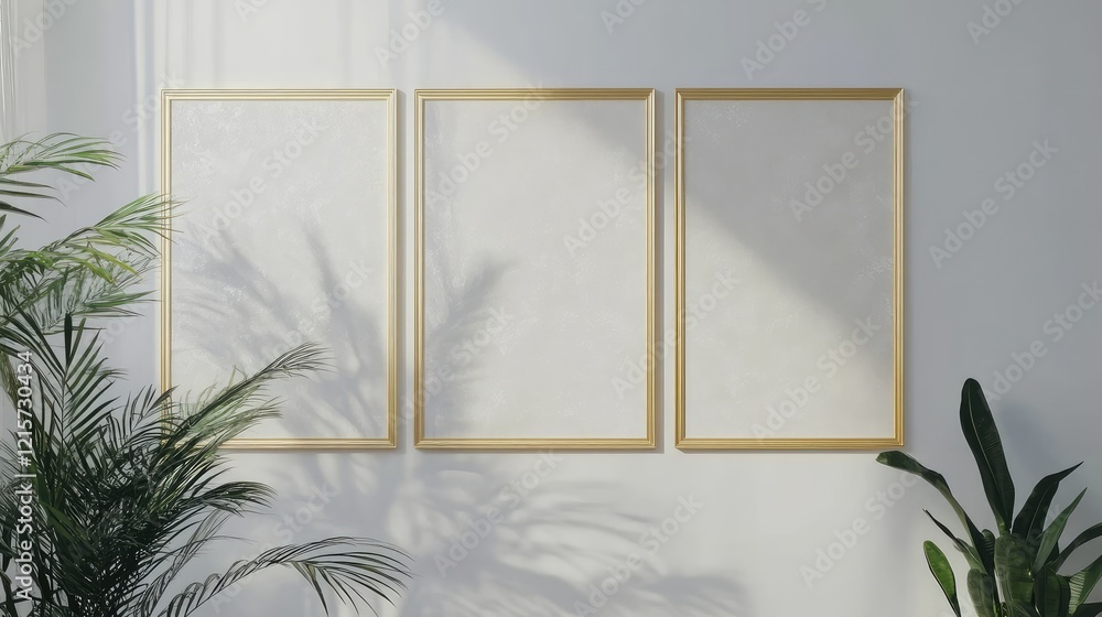 Poster elegant mockup of three empty frames with gold borders on white walls featuring lush greenery and so