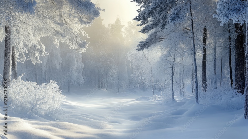 Poster tranquil winter landscape with snow-covered trees and soft light filtering through the forest