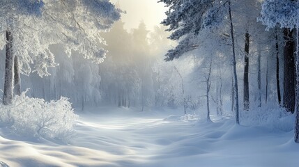 Fototapeta premium Tranquil Winter Landscape with Snow-Covered Trees and Soft Light Filtering Through the Forest