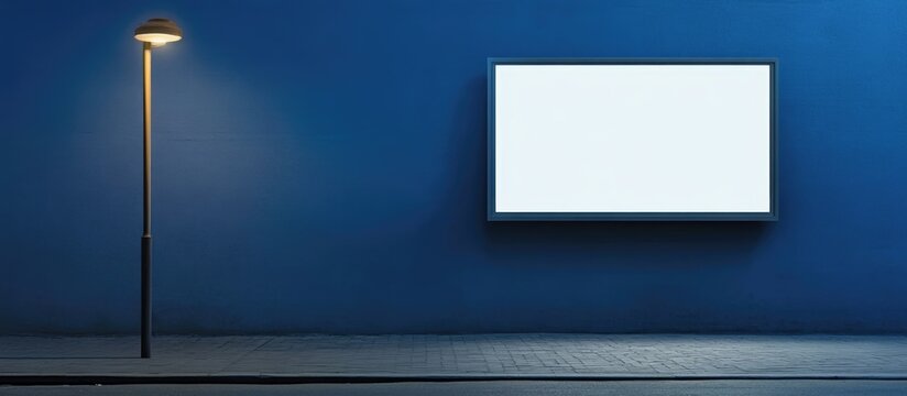 Blank billboard on dark blue wall with street lamp providing illumination and ample copyspace for advertising or promotional text.