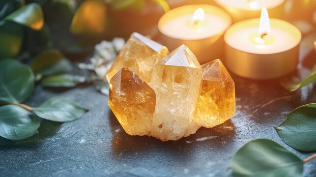 Intertwined citrine quartz crystals surrounded by candles and leaves creating a serene meditation and jewelry theme on granite background