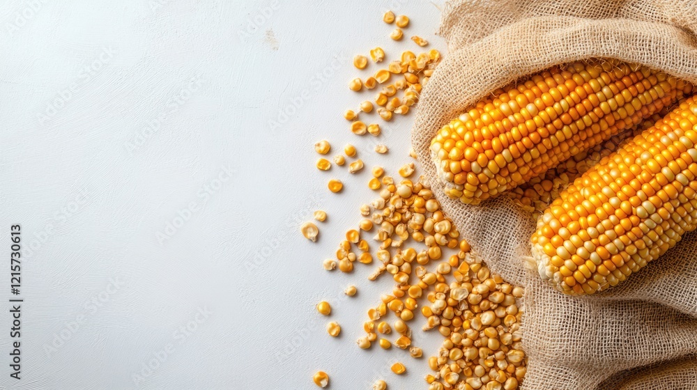 Poster fresh ripe corn kernels and cobs on burlap fabric with scattered grains and empty space for text on 