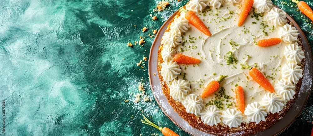 Poster carrot cake adorned with cream cheese frosting and decorative sugar carrots on a vibrant green textu