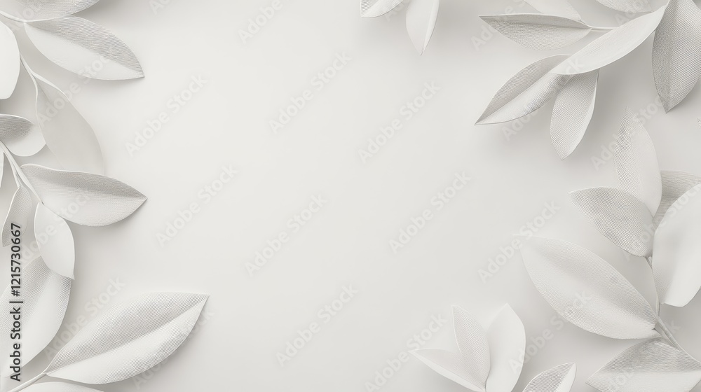Poster elegant white wooden shadow box frame surrounded by soft ivory leaves on minimalist background with 
