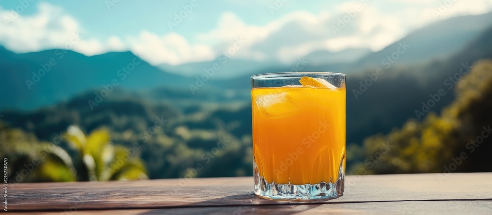 Poster refreshing yellow beverage in glass with scenic mountain backdrop and ample space for custom text or