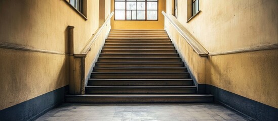 Eerie abandoned school corridor featuring shadowy stairs with dilapidated walls and empty space for text in a haunting atmosphere.