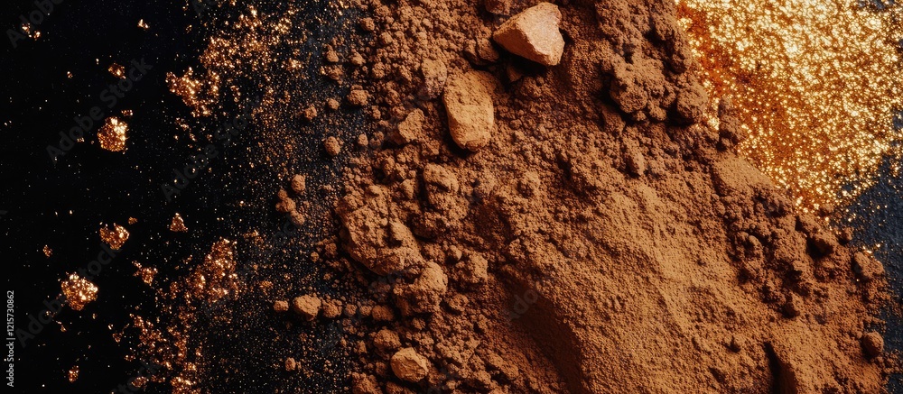 Poster cascara extract and powder coffee byproduct on black background with golden highlights showing rich 