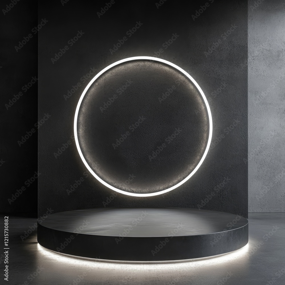 Poster modern circular stage design with illuminated neon lights in a minimalist studio setting for perform