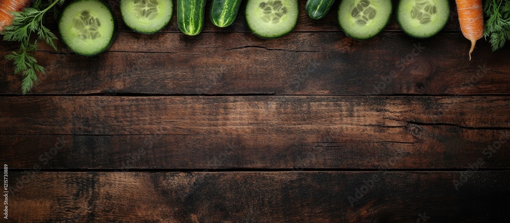 Poster fresh cucumbers and vibrant carrots arranged on a rustic wooden surface with ample empty space for t
