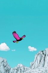 Vibrant Portrait of a Powerful Hawk in Mid-Flight Against a Clear Blue Sky and Rugged Mountain Landscape