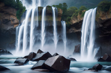 Naklejka premium 壮大な滝と雄大な山々
