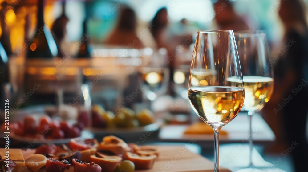 Poster elegant networking event setting with golden white wine glasses and fresh appetizers on table surrou
