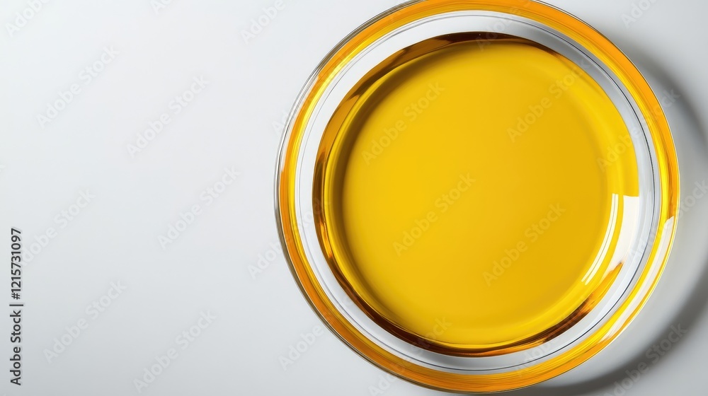 Poster yellow circular button in clear glass ashtray displayed on a smooth surface for creative and minimal
