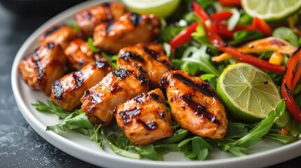 Grilled Asian salad with marinated chicken lime on a white plate vibrant colors closeup healthy meal concept
