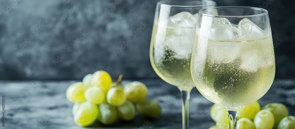 Poster elegant white wine spritzer served in chilled glasses with ice and fresh green grapes on a textured 