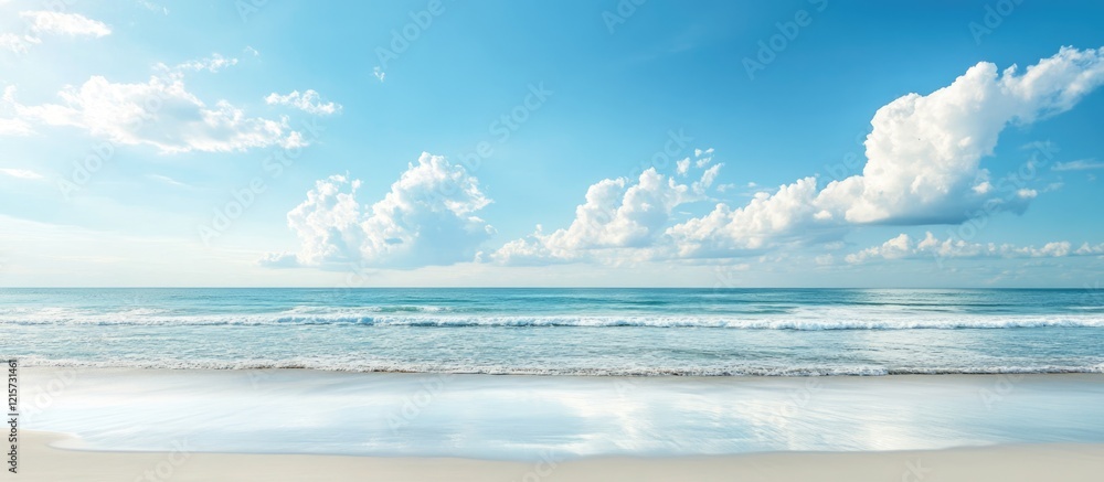 Poster scenic ocean view with serene beach landscape providing ample empty space for text suitable for vaca