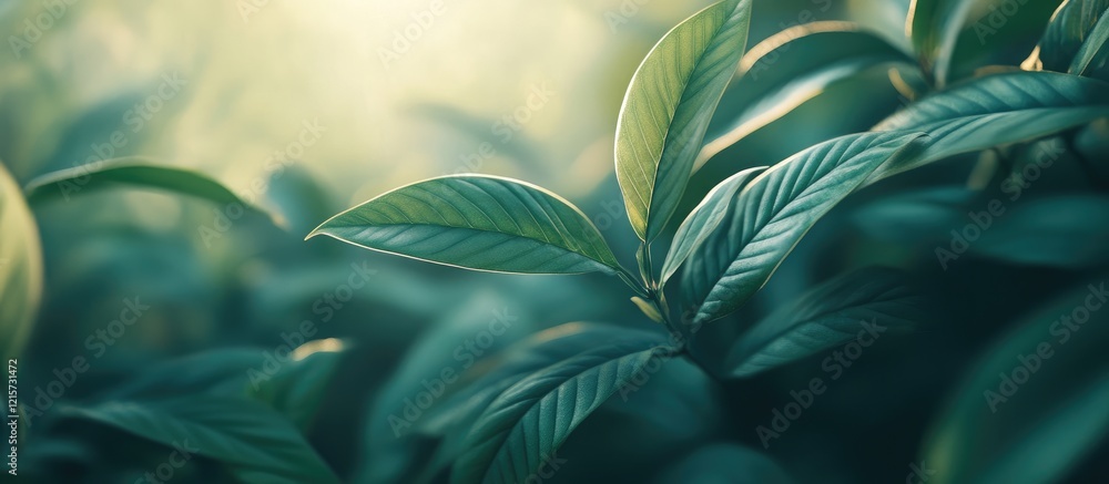 Poster fresh green leaves illuminated by sunlight on a vibrant summer day with soft focus background and em