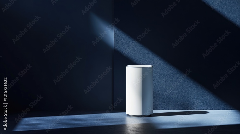 Aufkleber minimalist round pedestal display stand illuminated against navy blue backdrop with light and ample 