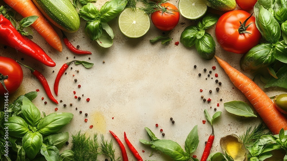 Poster assorted fresh vegetables and fruits arranged on a textured background with space for text including