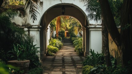 Obraz premium Whitewashed archway leading into a lush garden villa pathway with vibrant green foliage and soft evening light in a tranquil setting