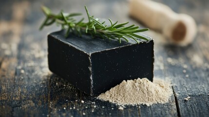 Natural masculine black soap bar with rosemary on rustic wooden surface showcasing herbal skincare and body care essentials.