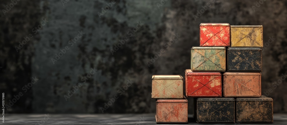 Poster stack of vintage carton containers with tattered edges on dark grunge background empty space for tex