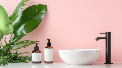 Fototapeta premium Cosmetic Mockup for Self Care Products on White Counter with Brown Bottles and Black Faucet Against Pink Wall with Green Leaves