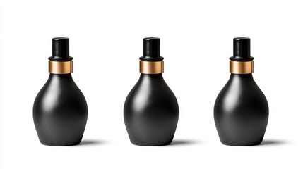 Blank Black Cosmetic Bottle Mockup Arrangement with Gold Accents on White Background, Front View, Ideal for Product Display and Design Layouts