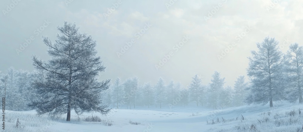 Poster serene winter landscape featuring snow-covered pine trees in a tranquil snowy field with ample blank
