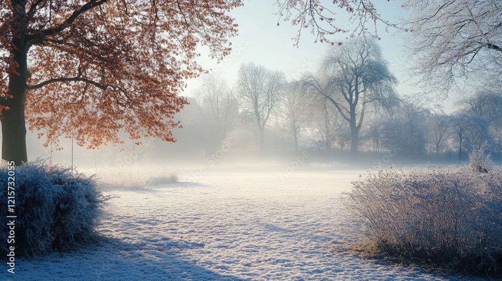 Aufkleber serene winter landscape with mist and frosted trees creating a tranquil park atmosphere in soft morn
