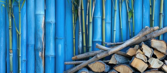 Obraz premium Blue bamboo and shinglestick trees arranged as firewood with blurred background and empty space for text ideal for natural product advertising