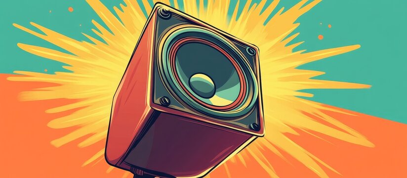 Colorful cartoon speaker illustration with dynamic sound waves in vibrant orange and teal background, ideal for text overlay and music concepts.
