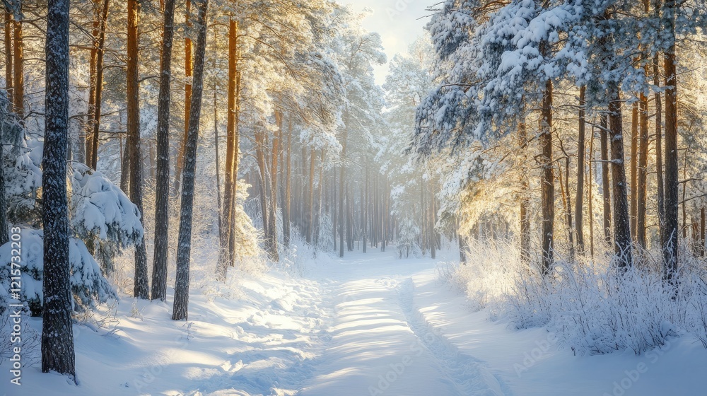 Poster serene winter forest scene with snow-covered trees and a tranquil pathway illuminated by soft sunlig